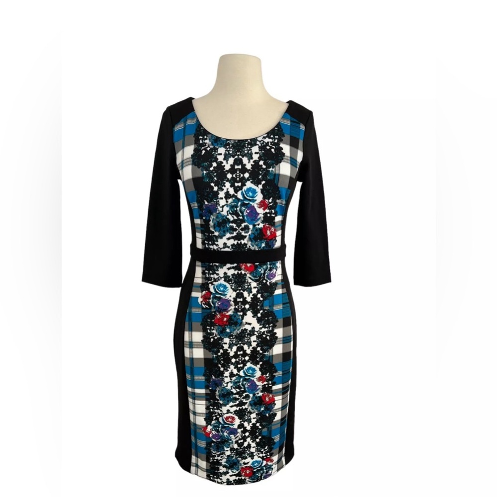 NWT Nicole Miller Womens Black Floral 3/4 Sleeve Pencil Dress Small Stretch